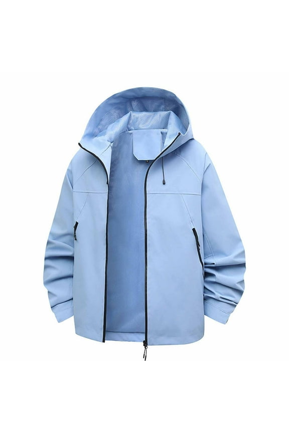 Windbreaker Jacket Women Ladies' Spring and Winter Waterproof Hooded Pocket Zipper Jacket Outdoor Mountaineering Clothing Sports Jacket Light Blue 4X