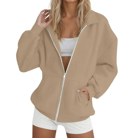 Hueook Windbreaker Jacket Women Sweatshirt Zip Up Fall Fashion Turn Down Collar Long Sleeve Jackets Winter Clothing Outfits Khaki 4X