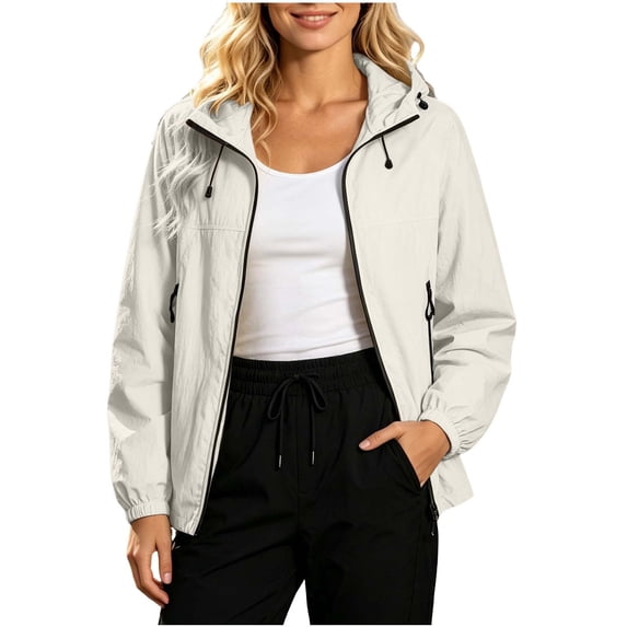 Hueook Windbreaker Jacket for Women Zip Up Hooded Lightweight Coat with Pockets Casual Outdoor Running Jacket White 2X