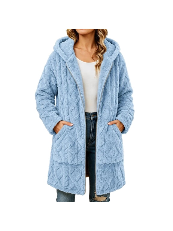 Winter Coat for Women Faux Fur Lapel Long Sleeve Double Lined Casual Warm Coat with Pockets Blue L