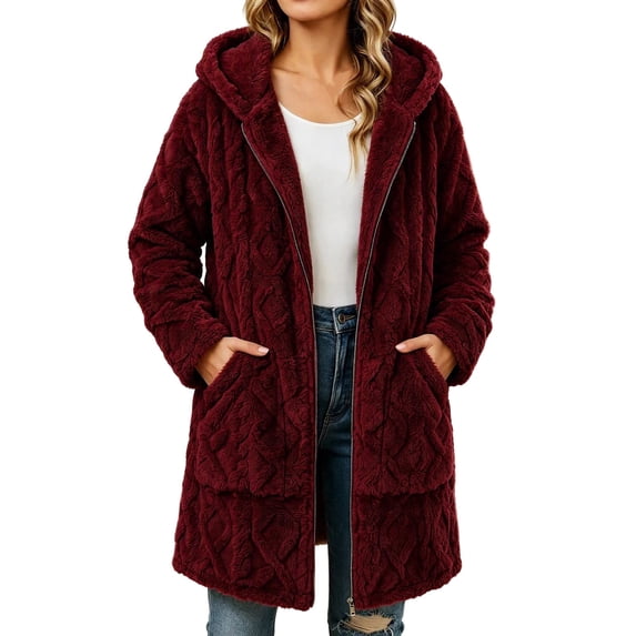 Hueook Winter Coat for Women Faux Fur Lapel Long Sleeve Double Lined Casual Warm Coat with Pockets Wine XL