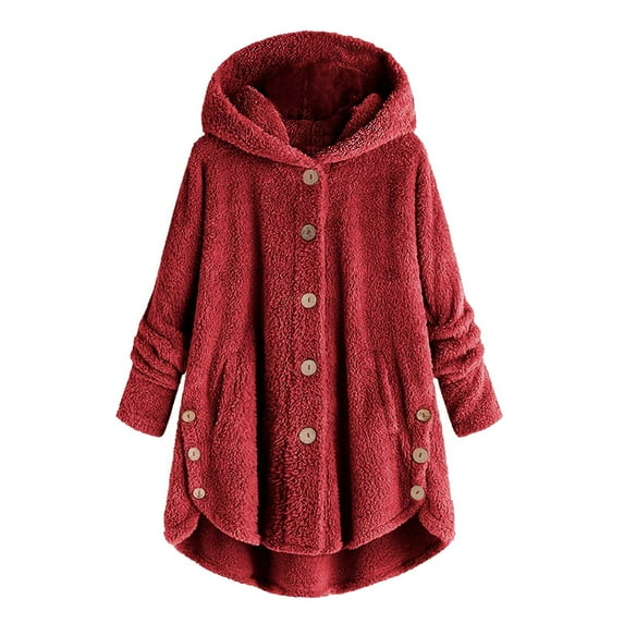 Hueook Winter Coats for Women Plus Size Buttons Plush Warm Hooded Down Coat Long Sleeve Shirts Blouses Outwear Tops with Pockets Fashion Printed Long Cardigan Tops on Clearance