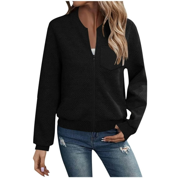 Hueook Winter Coats for Women Casual Solid Pocket Long Sleeved Zipper Jacket Top Jacket Black L