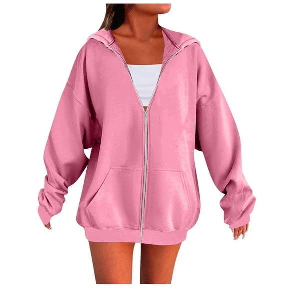 Hueook Winter Coats for Women Fashion Casual Solid Ladies Long Sleeve Tops Zip Blouse Hooded Sweatshirts Pink S
