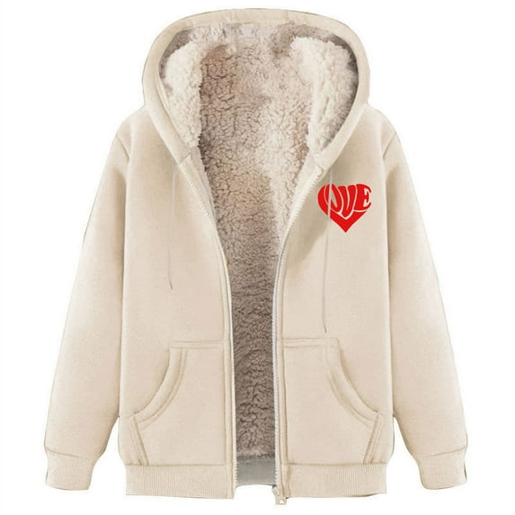 Hueook Winter Coats for Women Fashionable Printed Fleece Hooded Sweatshirt Jacket Beige L