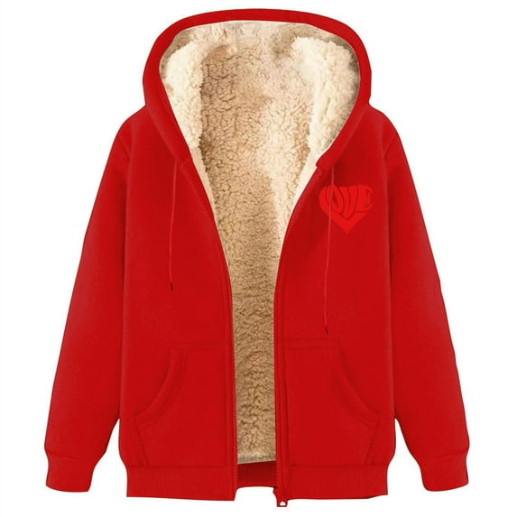 Hueook Winter Coats for Women Fashionable Printed Fleece Hooded Sweatshirt Jacket Red XL