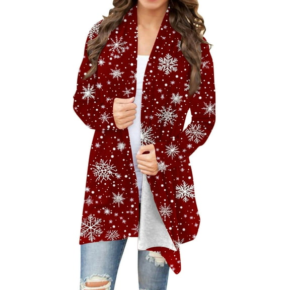Hueook Winter Coats for Women Ladies' Fashionable Christmas Printed Long Sleeved Cardigan Jacket Top Red S