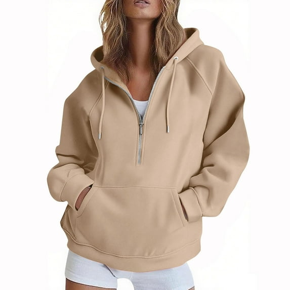Hueook Winter Coats for Women Loose Color Half-zipper Hooded Raglan Long-sleeved Sweater Jacket Khaki L