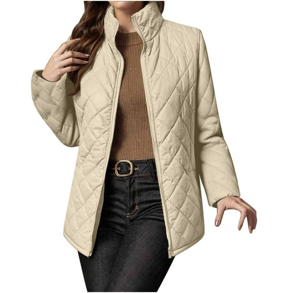 Hueook Winter Coats for Women Solid Color Long Sleeved Stand Up Collar Pocket Jacket Khaki L