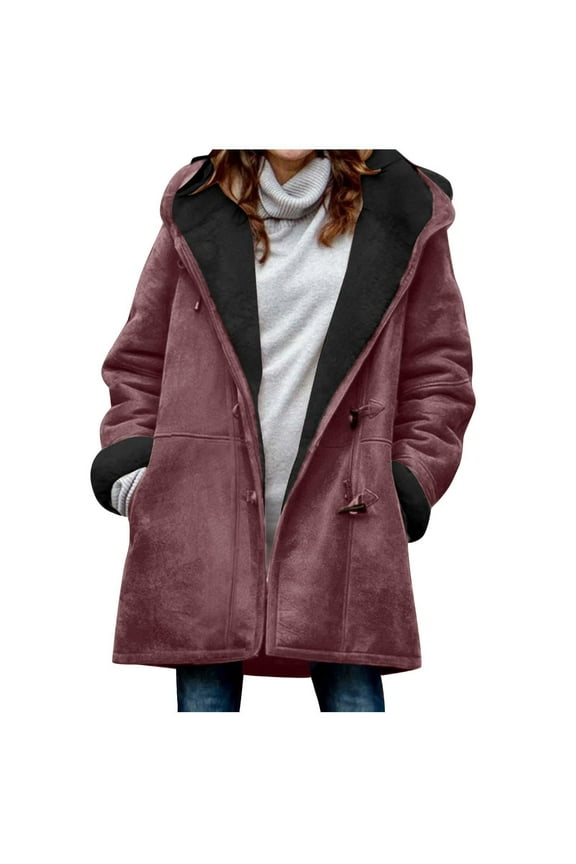 Winter Coats for Women Women Casual Winter Plus Size Solid Plus Velvet Coat Long Sleeve Button Pocket Overcoat Red S