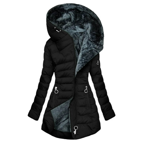 Hueook Winter Coats for Women's Solid Color Long-sleeved Hooded Fashion Padded Jacket Black XL