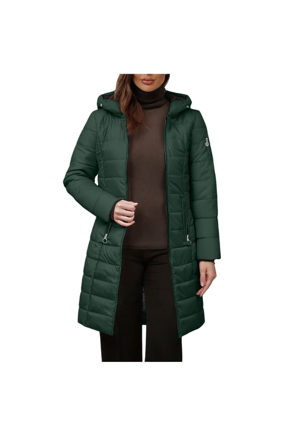 Winter Coats for Women's Solid Color Long-sleeved Hooded Fashion Padded Jacket Green 2X