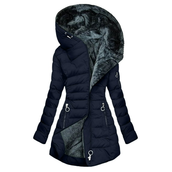 Hueook Winter Coats for Women's Solid Color Long-sleeved Hooded Fashion Padded Jacket Navy 3X