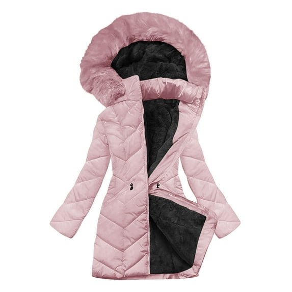 Hueook Winter Coats for Women's Solid Color Long-sleeved Hooded Fashion-padded Jacket Pink 2X