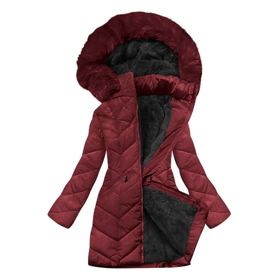 Hueook Winter Coats for Women's Solid Color Long-sleeved Hooded Fashion-padded Jacket Wine M