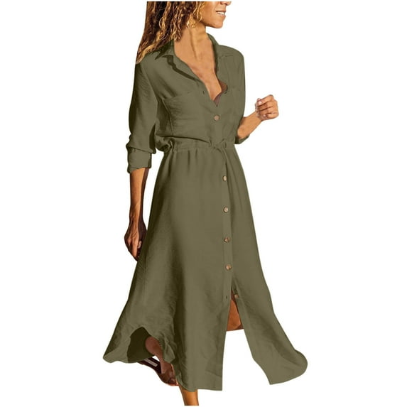 Hueook Winter Dresses for Women Women's Solid Color Breasted Lapel Drawstring Shirt Dress Linen Dress Army Green 3X