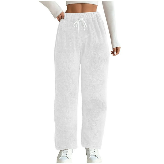 Hueook Winter High Waisted Pants for Women Womens Fashionable Solid Color Fleece Casual Home Elastic Waist Pajamas Pants White M