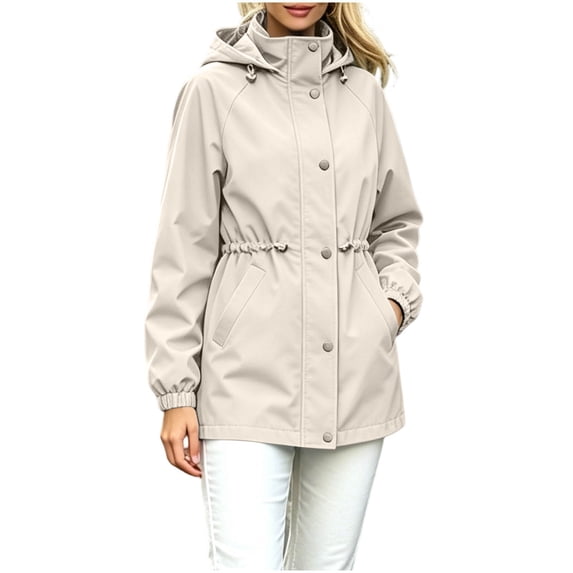 Hueook Winter Jackets for Women Trendy Coat with Hooded Plus Size Hooded Fitted Waist Windproof Jacket for Winter Outdoor Hiking Casual Versatile Outerwear Top Beige M