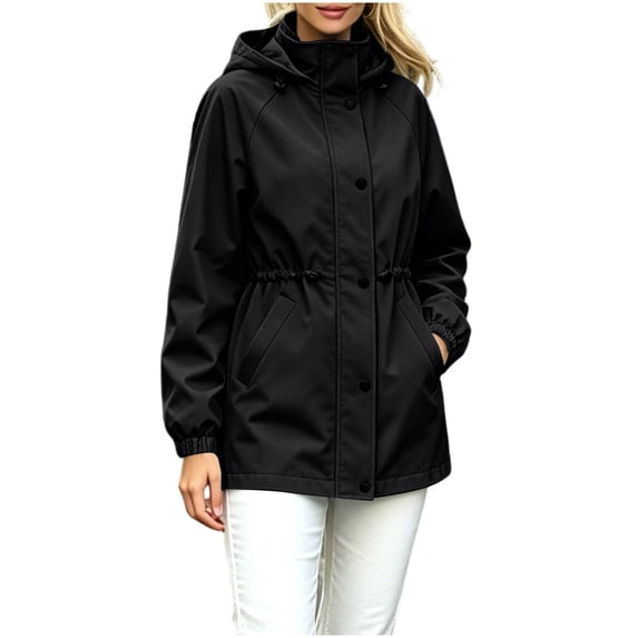 Hueook Winter Jackets for Women Trendy Coat with Hooded Plus Size Hooded Fitted Waist Windproof Jacket for Winter Outdoor Hiking Casual Versatile Outerwear Top Black S