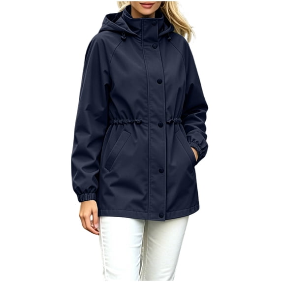 Hueook Winter Jackets for Women Trendy Coat with Hooded Plus Size Hooded Fitted Waist Windproof Jacket for Winter Outdoor Hiking Casual Versatile Outerwear Top Navy M
