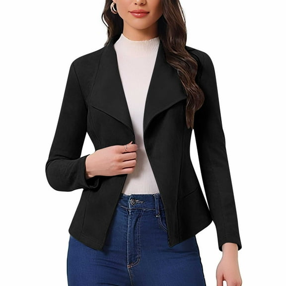Hueook Winter Jackets for Women Womens Trench Coat Women's Solid Color Fashionable Casual Suede Comfortable Fabric Lapel Long Sleeved Short Top Jacket Black L