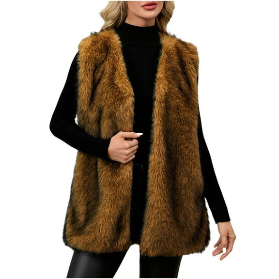 Hueook Winter Jackets for Women Ladies Warm Faux Furry Coat Jacket Winter Solid V-neck Outerwear Brown S