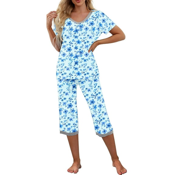 Hueook Winter Pajamas for Women Women V-neck Short Sleeved Pajamas and Pants Set Casual Pajamas with Pockets Sky Blue S