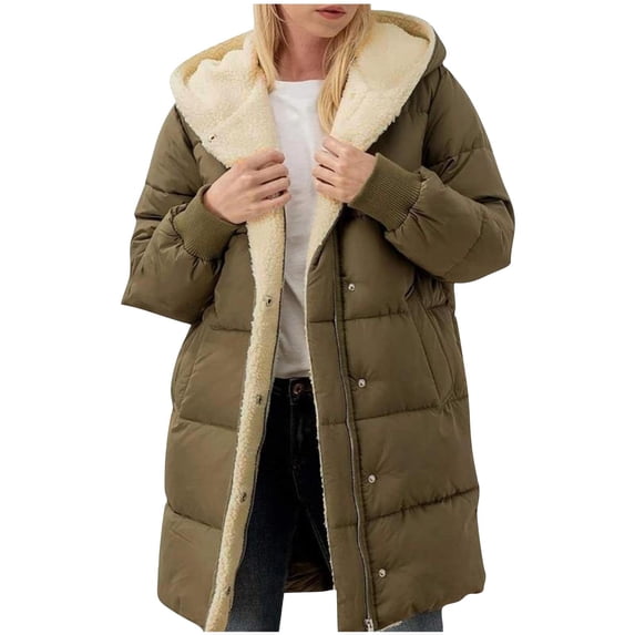 Hueook Winter Puffer Jacket for Women Faux Fur Collar Hooded Long Sleeve Winter Quilted Coat with Pockets Army Green 3X