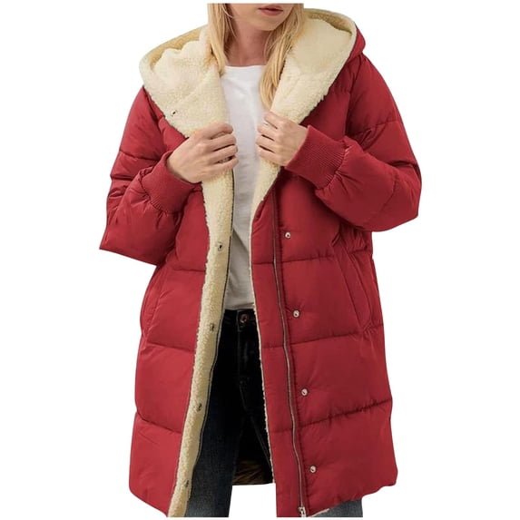 Hueook Winter Puffer Jacket for Women Faux Fur Collar Hooded Long Sleeve Winter Quilted Coat with Pockets Red L