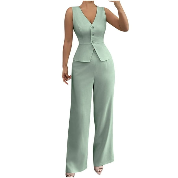 Hueook Winter Sets for Women's Color Sleeveless Slim High Waisted Pants Two-piece Set Mint Green M