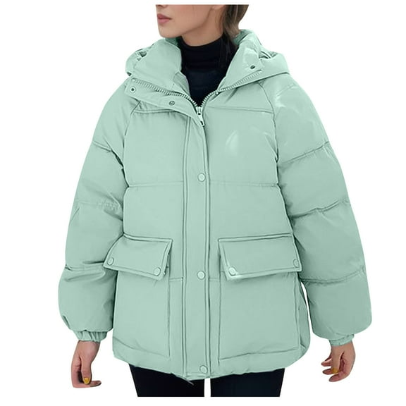 Hueook Winter Warm Down Jackets for women Plus Size Zip Up Casual Winter Mid-length Windproof with Pockets Quilted Puffer Thin Jacket Coat Outwear Tops