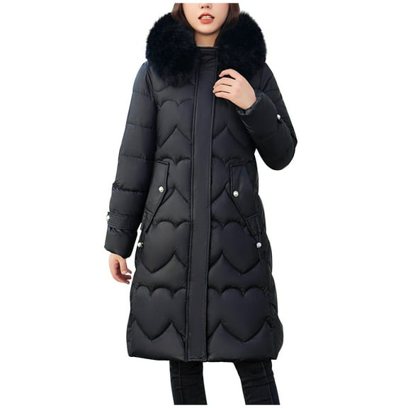 Hueook Winter Warm Down Jackets for women Plus Size Zip Up Casual Winter Mid-length Windproof with Pockets Quilted Puffer Thin Jacket Coat Outwear Tops