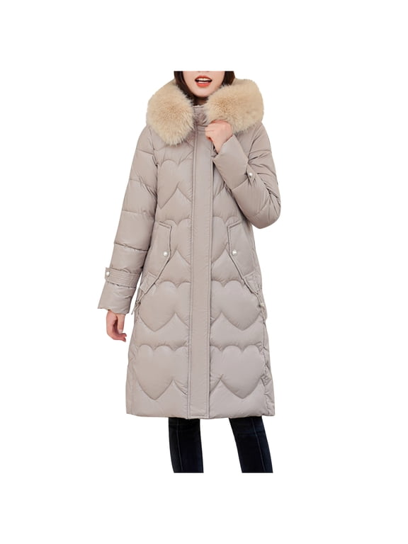 Hueook Winter Warm Down Jackets for women Plus Size Zip Up Casual Winter Mid-length Windproof with Pockets Quilted Puffer Thin Jacket Coat Outwear Tops