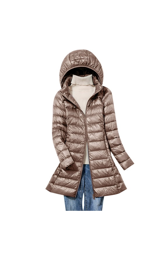 Hueook Winter Warm Down Jackets for women Plus Size Zip Up Casual Winter Mid-length Windproof with Pockets Quilted Puffer Thin Jacket Coat Outwear Tops
