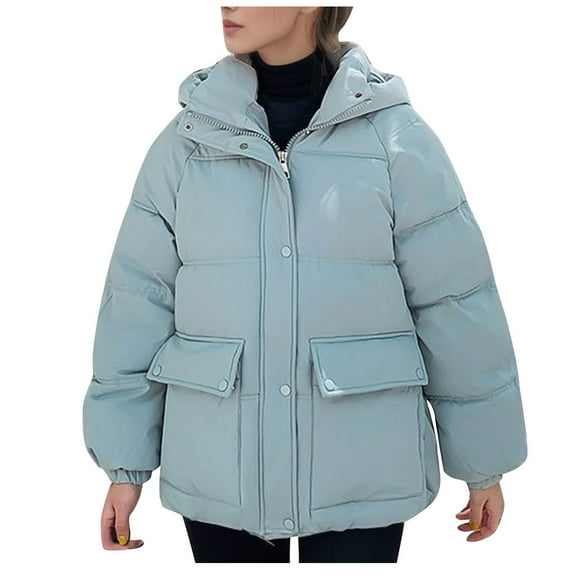 Hueook Winter Warm Down Jackets for women Plus Size Zip Up Casual Winter Mid-length Windproof with Pockets Quilted Puffer Thin Jacket Coat Outwear Tops