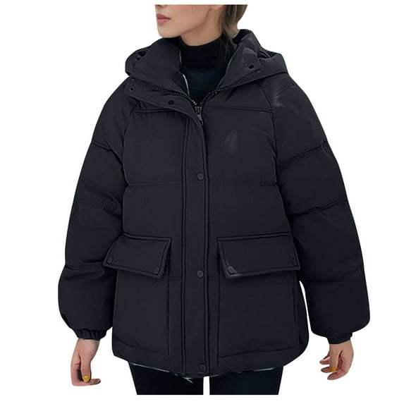 Hueook Winter Warm Down Jackets for women Plus Size Zip Up Casual Winter Mid-length Windproof with Pockets Quilted Puffer Thin Jacket Coat Outwear Tops