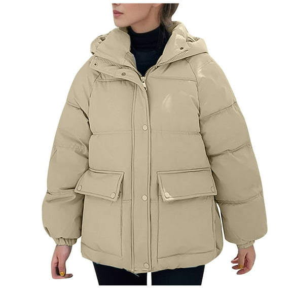 Hueook Winter Warm Down Jackets for women Plus Size Zip Up Casual Winter Mid-length Windproof with Pockets Quilted Puffer Thin Jacket Coat Outwear Tops