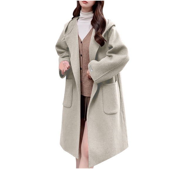 Hueook Winter Womens Warm Coat Hooded Jacket Women's Casual Hooded Solid Wool Coat Long Sleeve Hooded Casual Coat/jacket White 2X