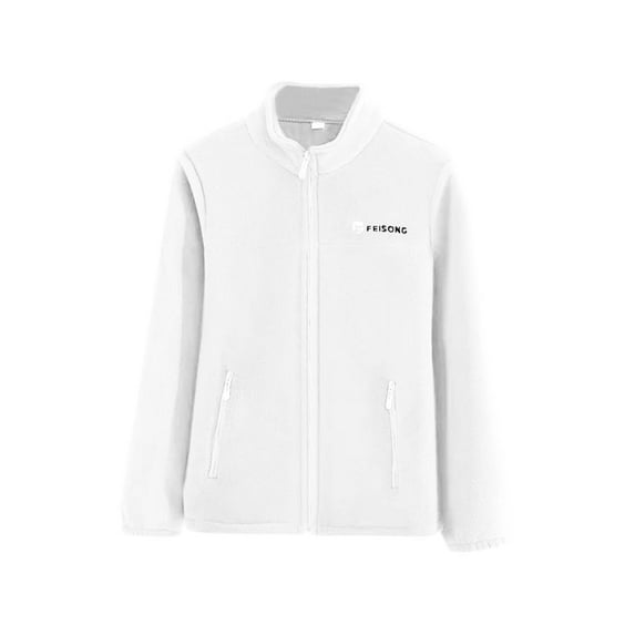 Hueook WinterJackets for Women Fashion Solid Color Casual Zipper Stand Sports Fleece Long Sleeved Jacket White 2X