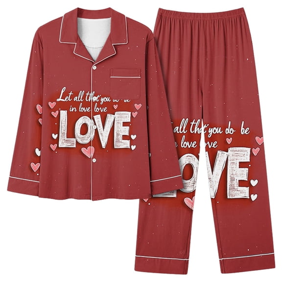 Hueook Women 2 Piece Outfits Sets Women Valentine's Day Casual Fashion Printed Long Sleeve Casual Pants Pajamas Suit Multicolor 2X