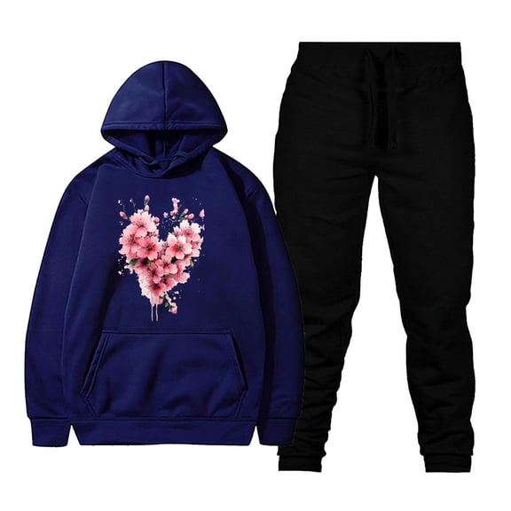 Hueook Women 2 Piece Outfits Sets Women's Casual Printed Pocket Hoodie with Long Sleeves and Pants Set Dark Blue S