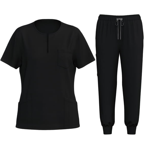 Hueook Women 2 Piece Outfits Sets Women's Solid Color Pocket With Elastic Drawstring Waist Long Pants Dry Cleaning Hand Clothes Nurse Clothes Set Suit Black L