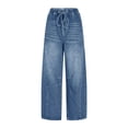 thumbnail image 1 of Hueook Women Barrel Jeans High Waisted Wide Leg Drawstring Denim Pants Loose Trouser Jeans with Pockets Light Blue L, 1 of 9