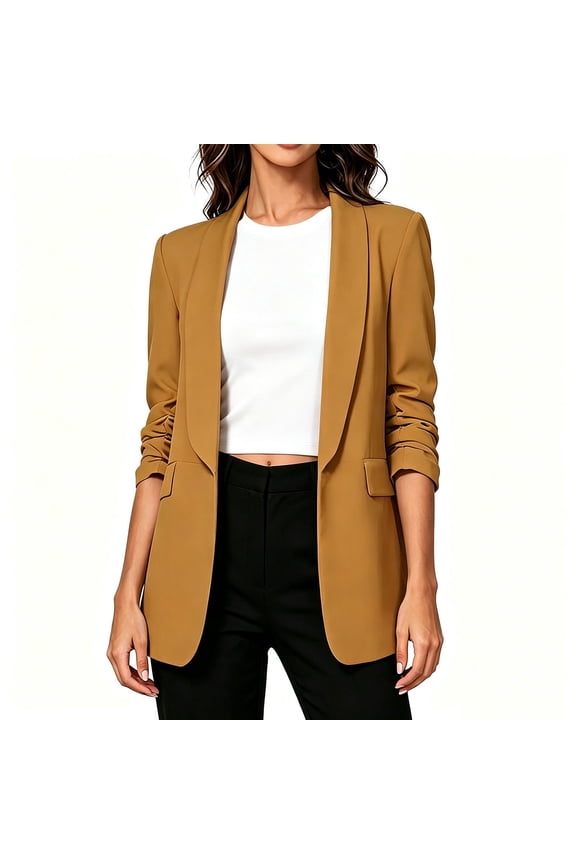 Women Blazer Prom Wedding Business Casual Quarter Sleeve Lapel Open Style Suit Long Jacket Brown M
