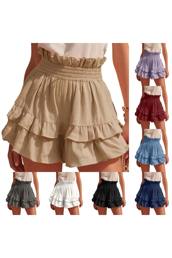 Women Booty Shorts Pleated Summer Casual Ruffled Short Wine M