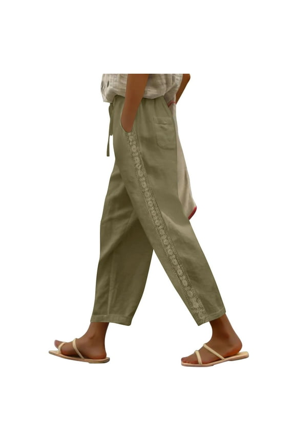 Gaucho Summer Linen Pants Women Casual Linen Drawstring Elastic Waist Long Wide Leg Pants Khaki S