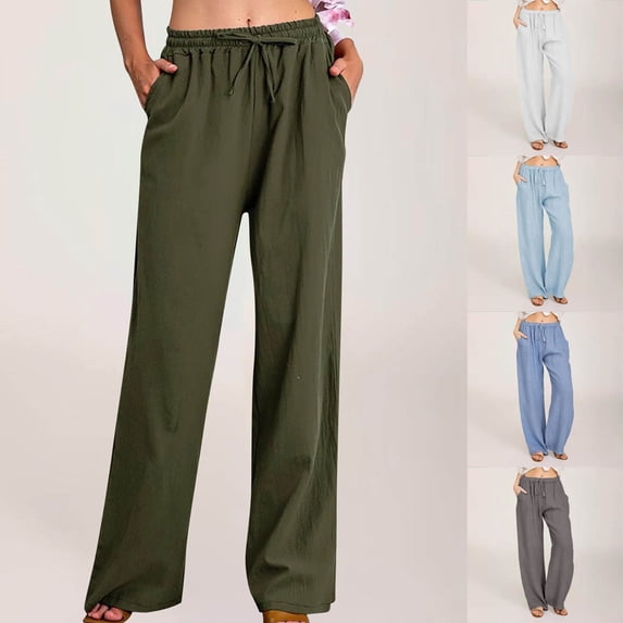 Hueook Sweatpants Women Plus Size Pants Women Casual Solid Linen Drawstring Elastic Waist Long Wide Leg Pants Light Blue S