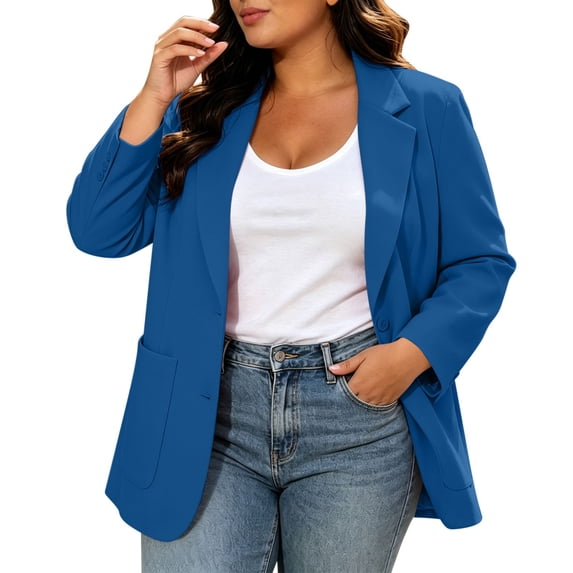 Hueook Women Fall Blazer Tailored Plus Size Open-front Lapel Long Sleeve Casual Suit Jacket with Pockets Padded Shoulder Straps Blue 3X
