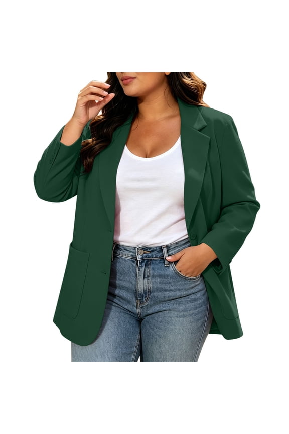 Women Fall Blazer Tailored Plus Size Open-front Lapel Long Sleeve Casual Suit Jacket with Pockets Padded Shoulder Straps Green XL