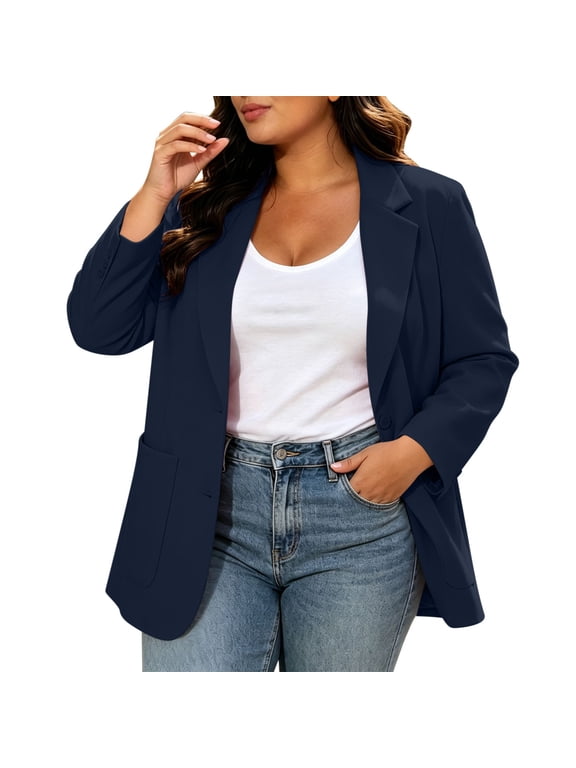 Women Fall Blazer Tailored Plus Size Open-front Lapel Long Sleeve Casual Suit Jacket with Pockets Padded Shoulder Straps Navy 4X